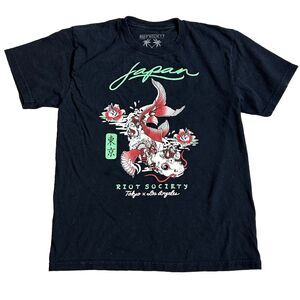 Riot Society T-shirt Medium Black Koi Fish Japan Tokyo x Los Angeles Cotton Tee
